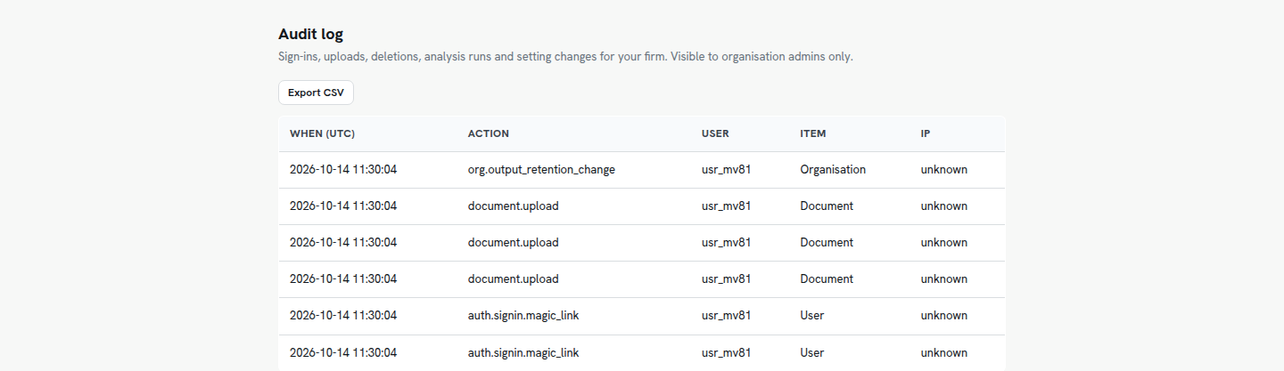 The Counsel AI account page: an audit log table of sign-ins, uploads and setting changes, with an Export CSV button.