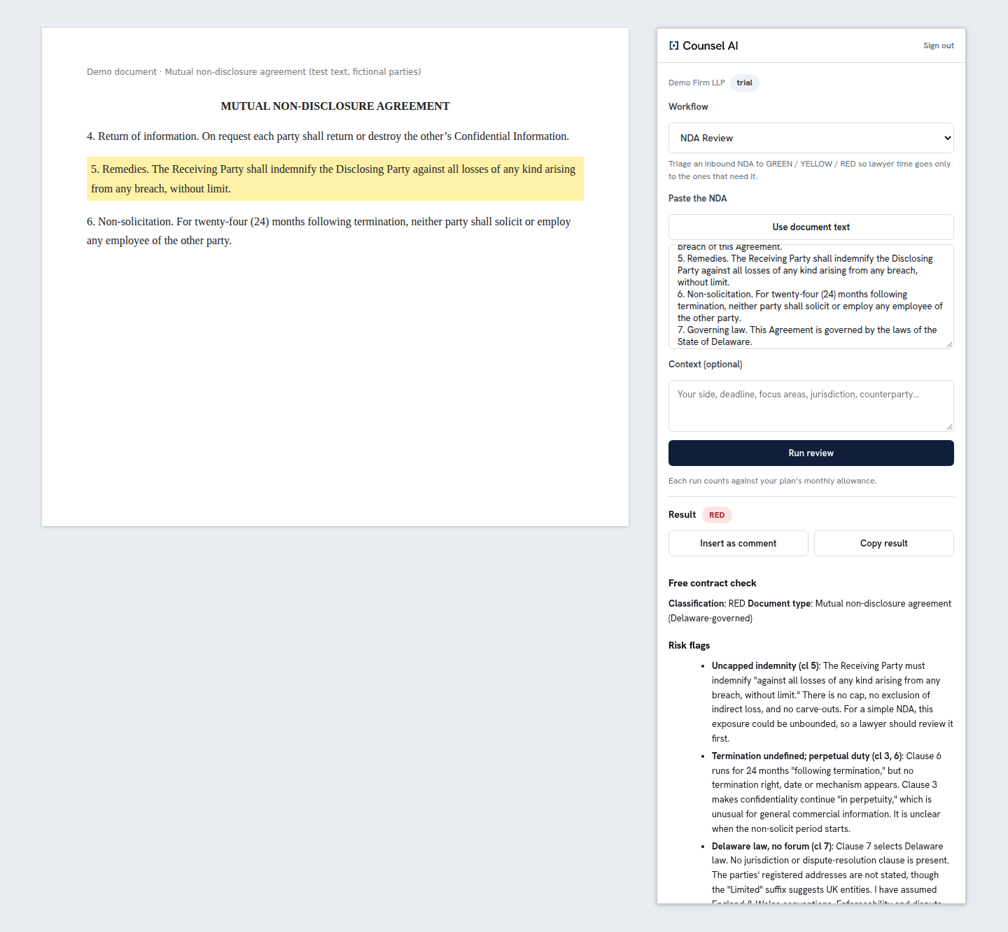The Counsel AI Word task pane beside a highlighted indemnity clause, showing a RED result and the risk flags.